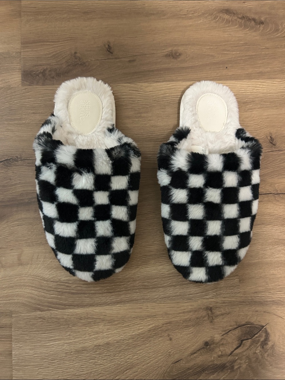 stars above Black & White Faux Fur Checkered Slip-On Slippers